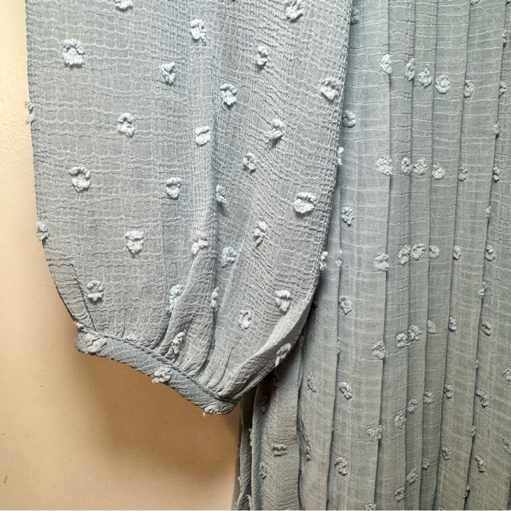 NWT Lulus Dusty Blue Swiss Dot Sheer Long Sleeve Pleated Mini Dress, Sz M - Picture 5 of 10